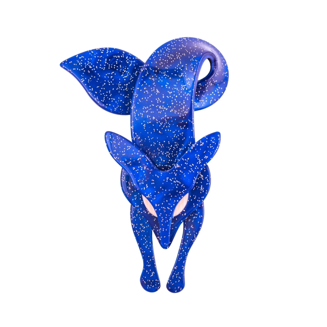Lea Stein Famous Renard Fox Brooch Pin - Dark Blue Glitter