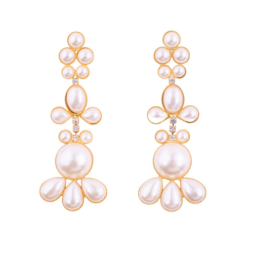 Faux Pearl Statement Earrings with Clear Crystal Detail - (Pierced)