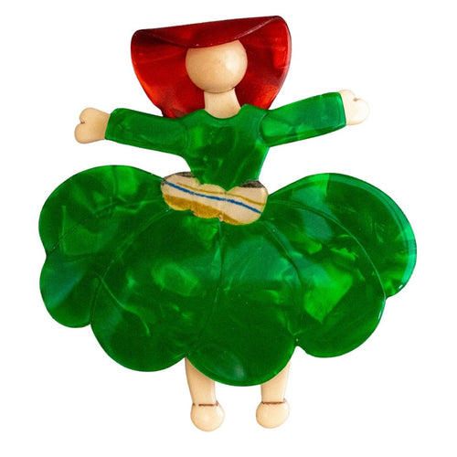 Lea Stein Ballerina Scarlett O' Hara Brooch - Green, Creme & Red
