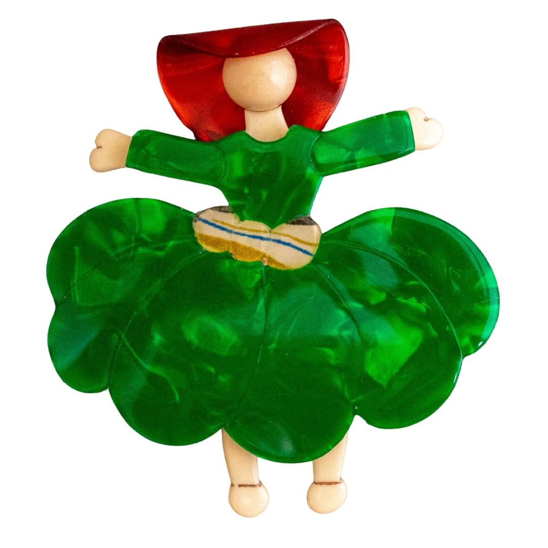 Lea Stein Ballerina Scarlett O' Hara Brooch - Green, Creme & Red