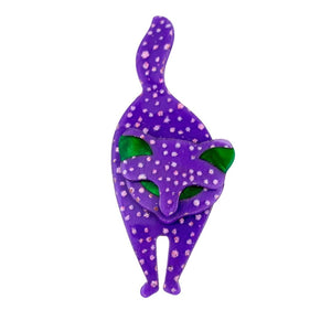 Lea Stein Bacchus Standing Cat Brooch Pin - Purple & White Spots