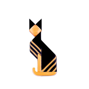 Lea Stein Art Deco Cat Face Brooch Pin - Black & Yellow