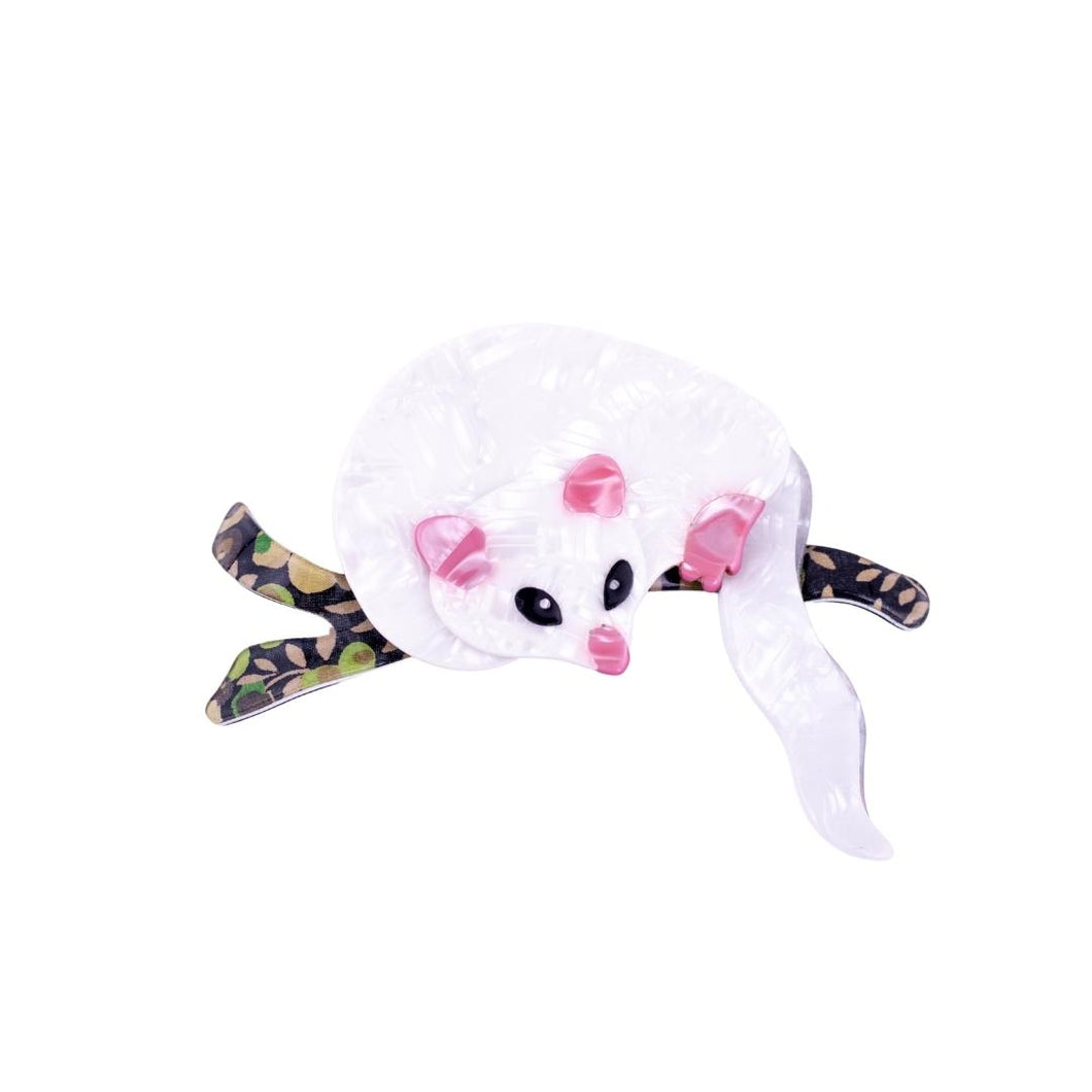 Lea Stein White Lemuroid Ringtail Possum (Yuwa) with Light Pink Ears on Green Branch Brooch