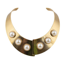 Load image into Gallery viewer, Vintage Gold Metal Collar Inlaid Neckpiece with Giant Faux Pearls
