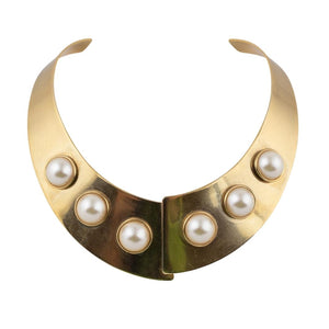 Vintage Gold Metal Collar Inlaid Neckpiece with Giant Faux Pearls