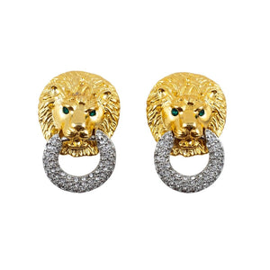 Signed Kenneth J Lane "KJL" Gold & Crystal Lion Head Earrings (Clip-On)