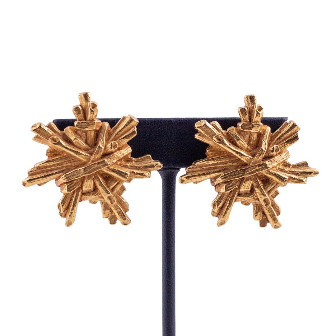 Vintage Signed Christian Lacroix Gold Plated Sunburst Design Earrings - (Clip-On)