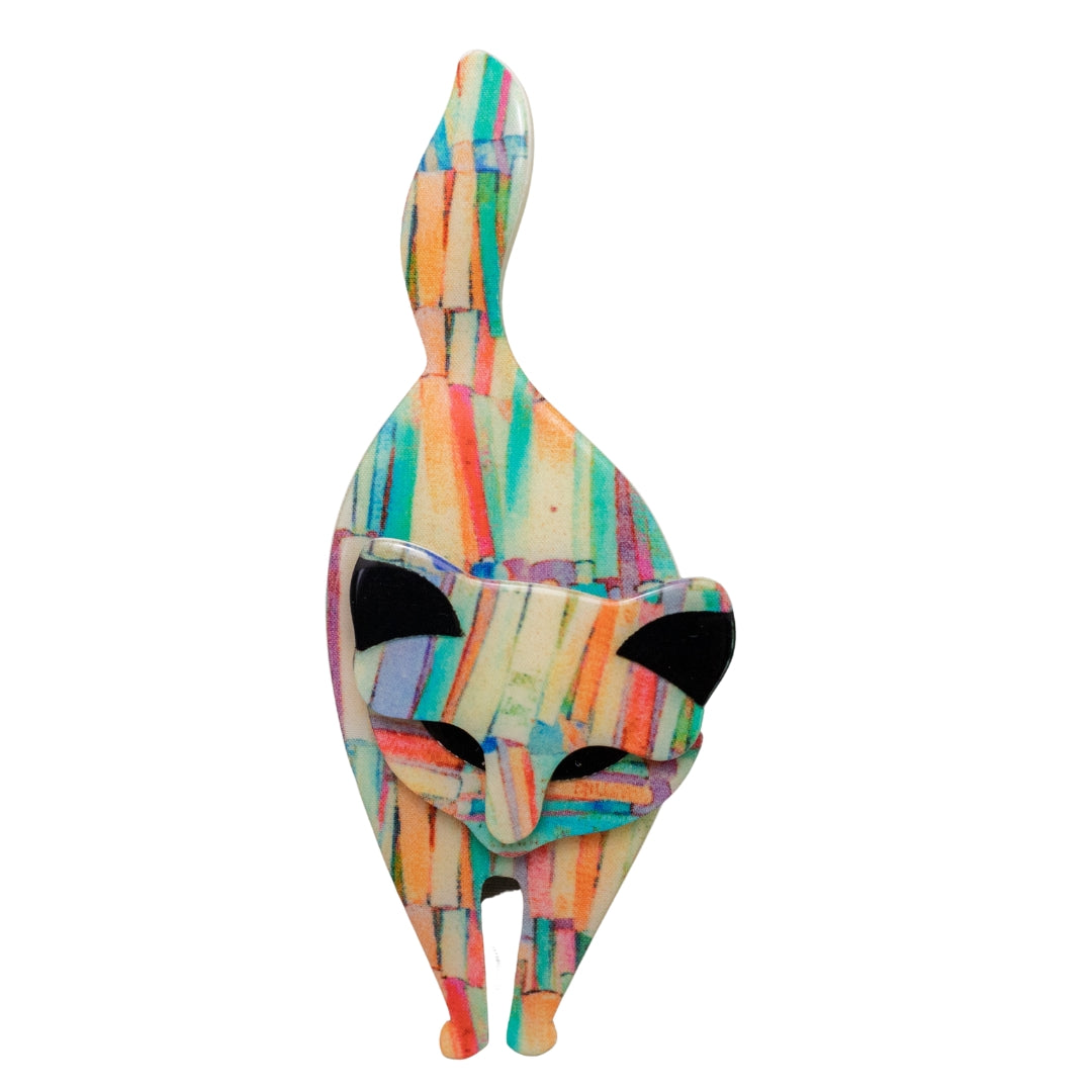 Lea Stein Bacchus Standing Cat Brooch Pin - Rainbow