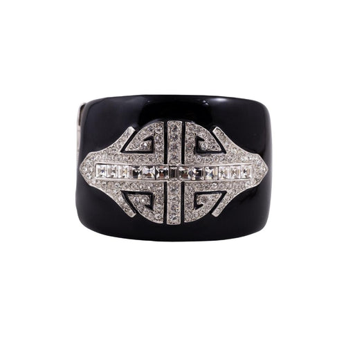 Signed Kenneth Jay Lane Black Enamel & Silver Crystal Deco Cuff