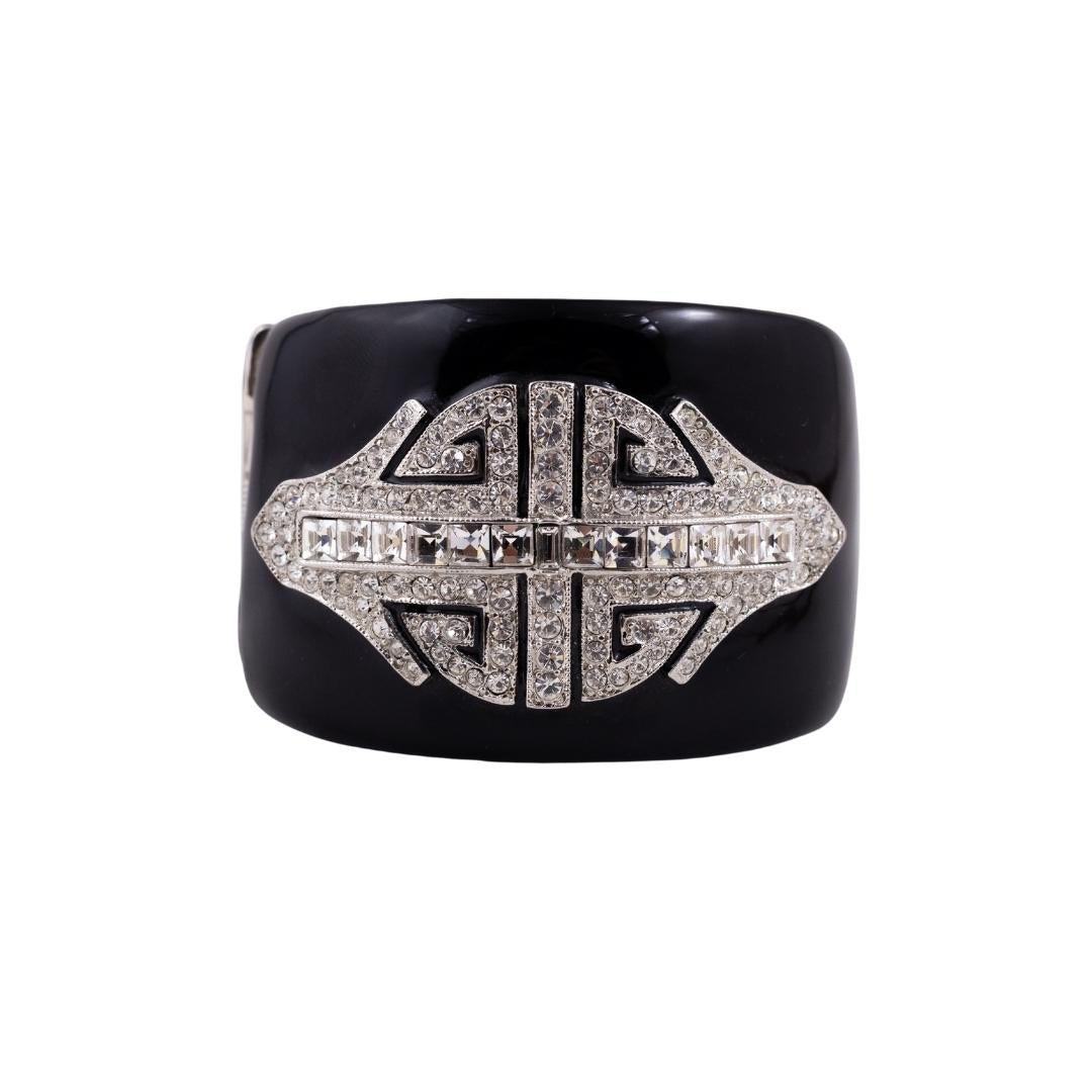 Signed Kenneth Jay Lane Black Enamel & Silver Crystal Deco Cuff