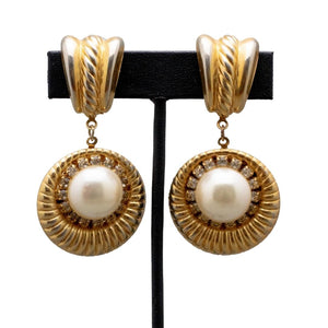 Vintage Circular Shaped Drop Statement Earrings with Faux Pearl (Clip-On)