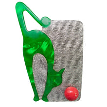 Load image into Gallery viewer, Lea Stein Cat With Ball Art Deco Brooch Pin - Green &amp; Silver