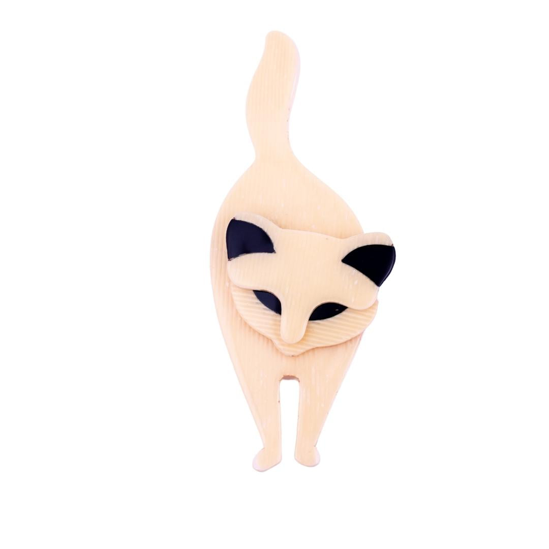 Lea Stein Bacchus Standing Cat Brooch Pin - Creme