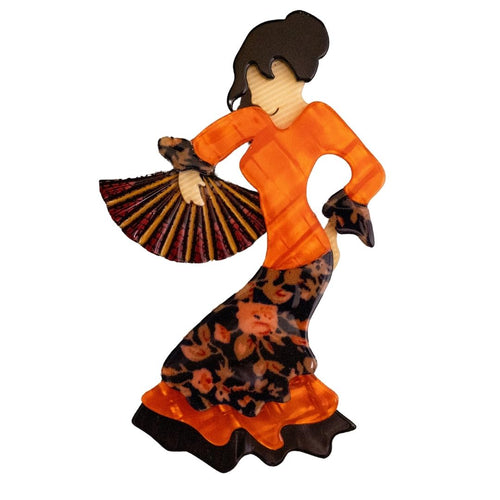 Lea Stein Signed Seville Flamenco Dancer Brooch Pin - Orange & Black