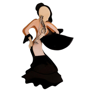 Lea Stein Signed Seville Flamenco Dancer Brooch Pin - Orange & Black