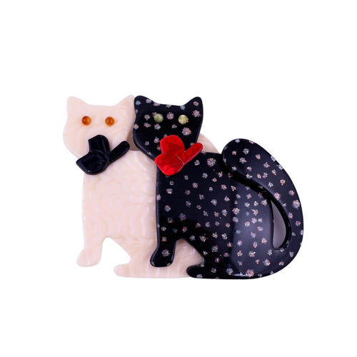 Lea Stein Double Watching Cat Brooch Pin - Creme & Black