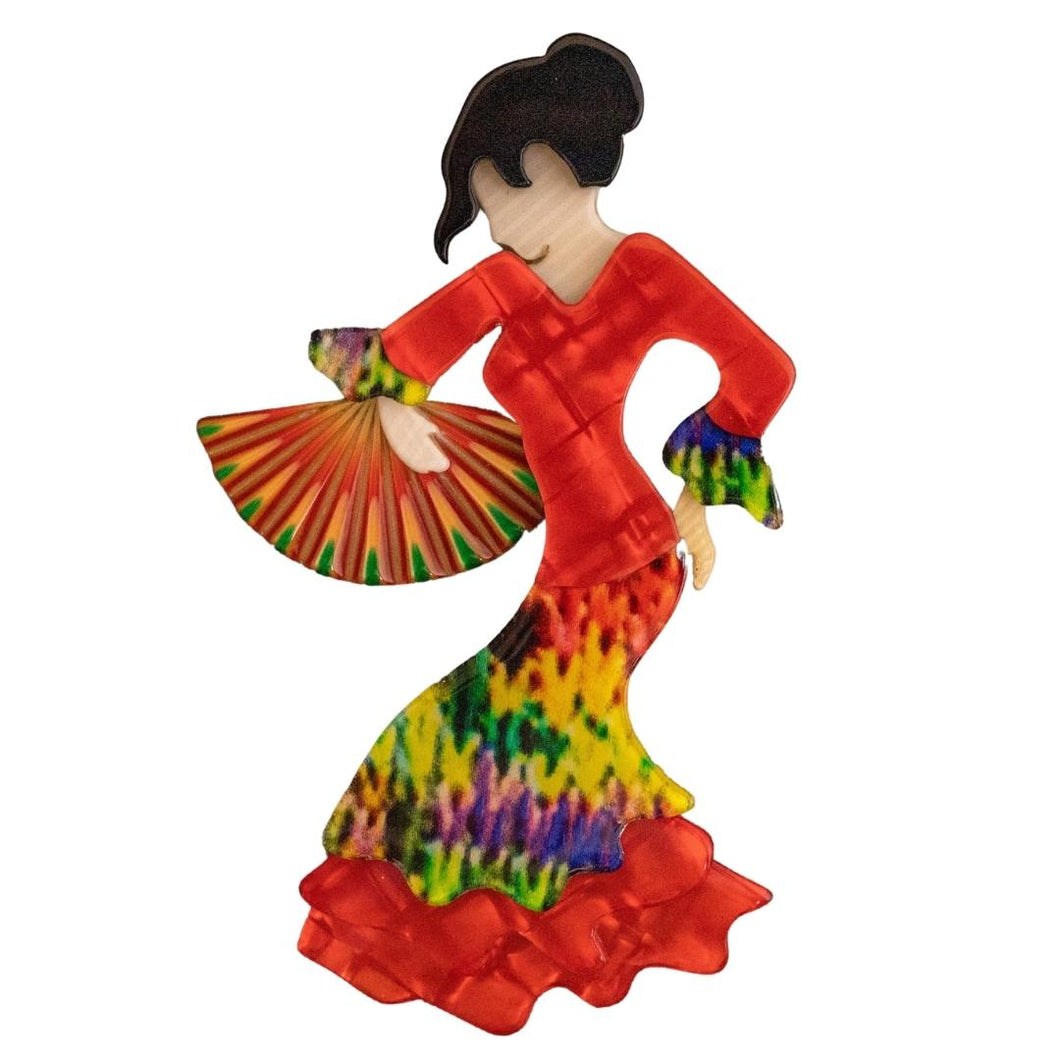 Lea Stein Signed Seville Flamenco Dancer Brooch Pin - Red & Multi Colour