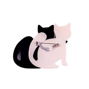 Lea Stein Double Watching Cat Brooch Pin - Creme & Black