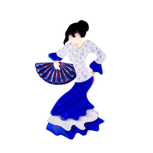 Lea Stein Signed Seville Flamenco Dancer Brooch Pin - Blue & White