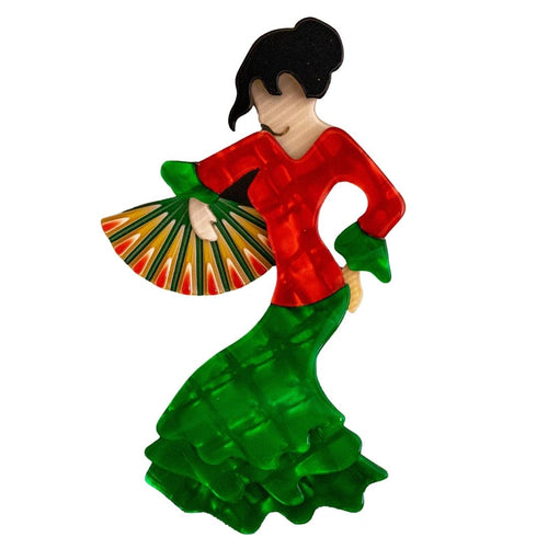 Lea Stein Signed Seville Flamenco Dancer Brooch Pin - Red & Green
