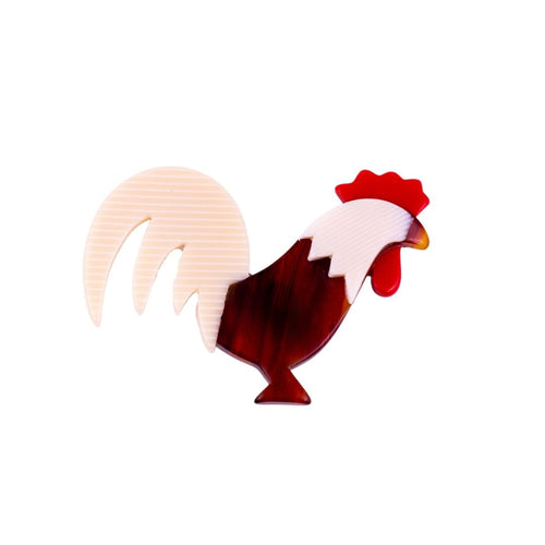 Lea Stein Rooster Brooch Pin - Red & Creme