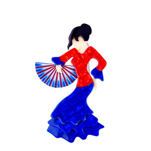 Lea Stein Signed Seville Flamenco Dancer Brooch Pin - Blue & Red