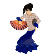Load image into Gallery viewer, Lea Stein Signed Seville Flamenco Dancer Brooch Pin - Blue &amp; Silver Glitter