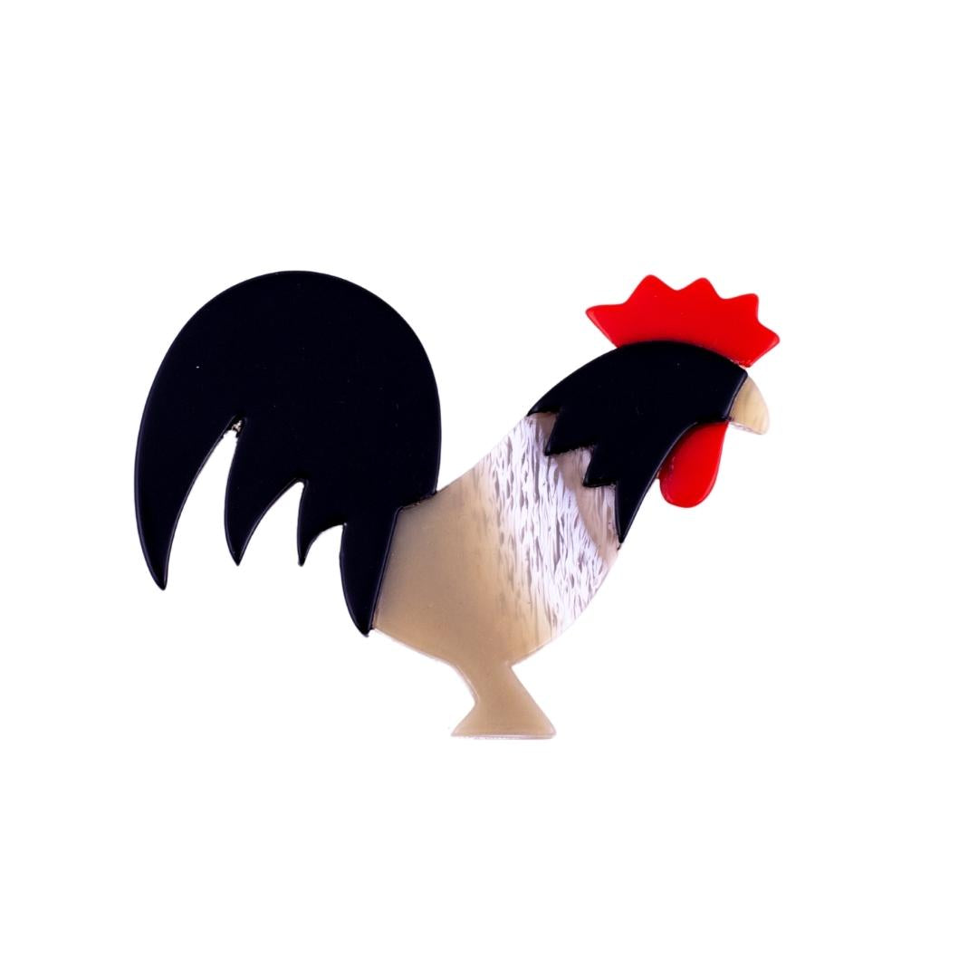 Lea Stein Rooster Brooch Pin - Creme & Black