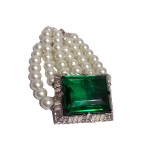 Signed Kenneth J Lane "KJL" Statement Green Emerald Crystal Bracelet with Faux Pearls