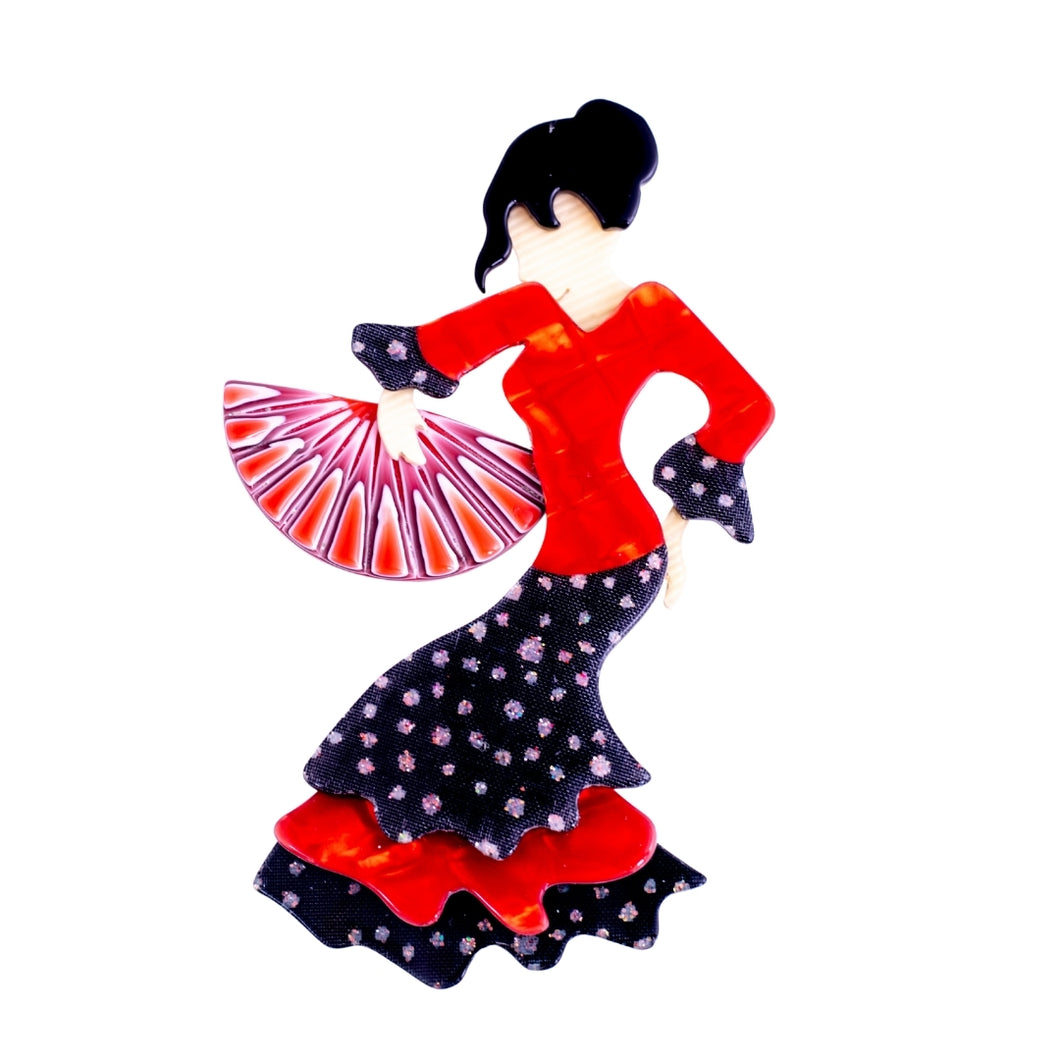 Lea Stein Signed Seville Flamenco Dancer Brooch Pin - Red & Black