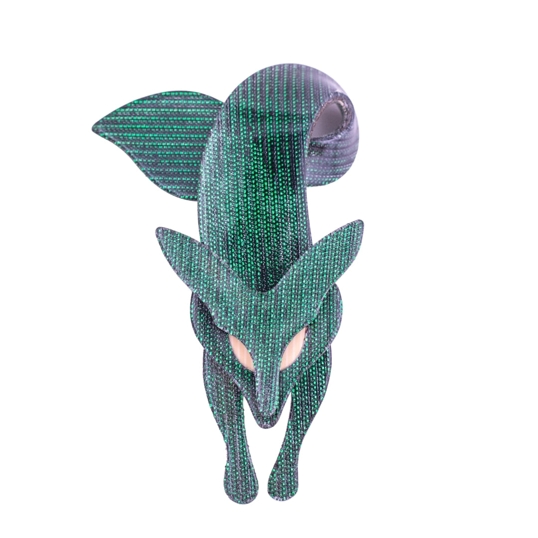 Lea Stein Famous Renard Fox Brooch Pin - Green Sparkle