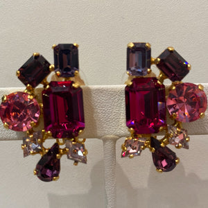 Harlequin Market Austrian Pink & Amethyst Cluster Crystal Earrings (Clip-On)