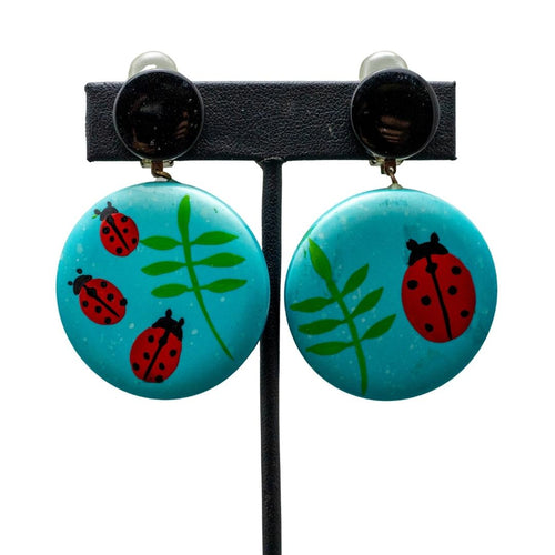Pavone Signed Blue & Red Lady Bug Earrings (Clip-On)