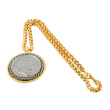 Load image into Gallery viewer, Signed Kenneth Jay Lane Gold Plated Chain with Decorative Silver Coin Pendant Necklace