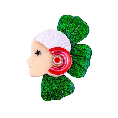 Lea Stein Corolle Art Deco Girl Petal Brooch Pin - Green, White & Red