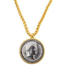 Load image into Gallery viewer, Signed Kenneth Jay Lane Gold Plated Chain with Decorative Silver Coin Pendant Necklace