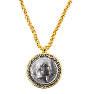 Signed Kenneth Jay Lane Gold Plated Chain with Decorative Silver Coin Pendant Necklace