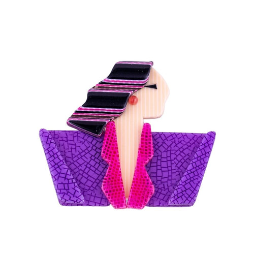 Lea Stein Carmen Joan Crawford Art Deco Brooch Pin - Purple, Pink, Creme