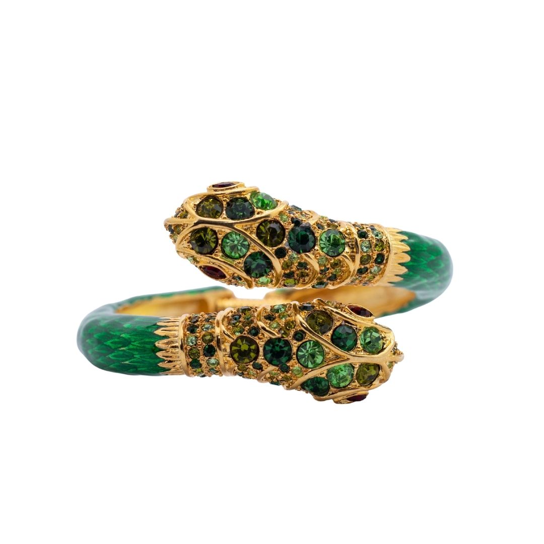 Signed Kenneth Jay Lane Emerald Green Crystal Encrusted Double Head Snake Bangle