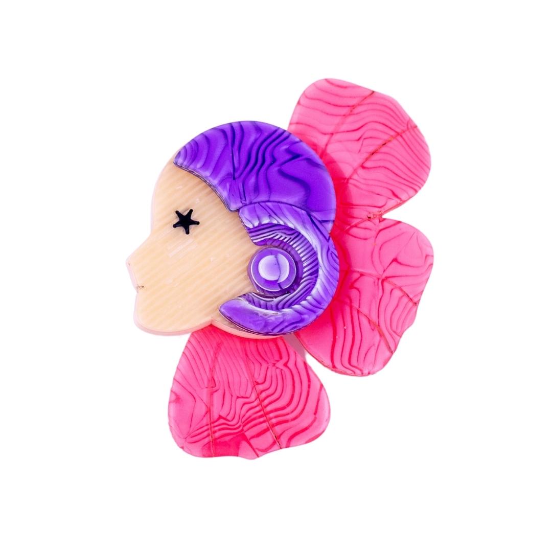Lea Stein Corolle Art Deco Girl Petal Brooch Pin - Pink, Purple & Creme