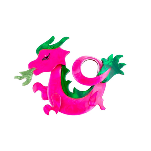 Lea Stein Signed Dragon Brooch Pin - Pink & Green