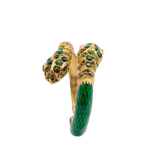 Signed Kenneth Jay Lane Emerald Green Crystal Encrusted Double Head Snake Bangle