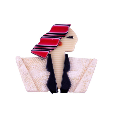 Lea Stein Carmen Joan Crawford Art Deco Brooch Pin - Creme, Red, Black