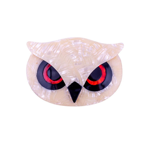Lea Stein Signed Athena The Owl Head Brooch - Textured Creme with Black & Red
