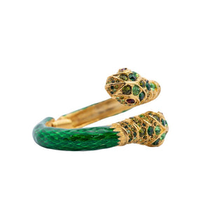 Signed Kenneth Jay Lane Emerald Green Crystal Encrusted Double Head Snake Bangle