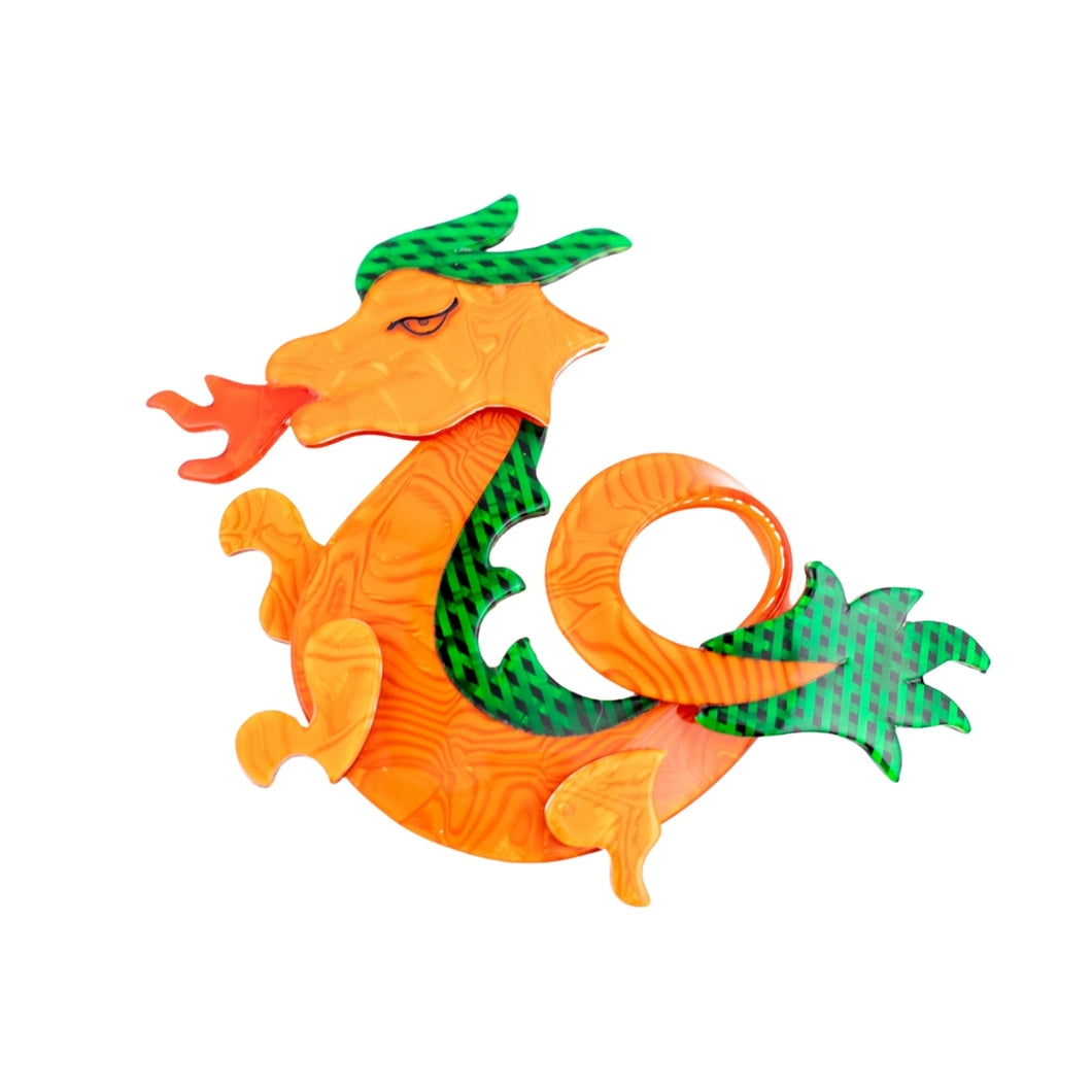 Lea Stein Signed Dragon Brooch Pin - Orange & Green