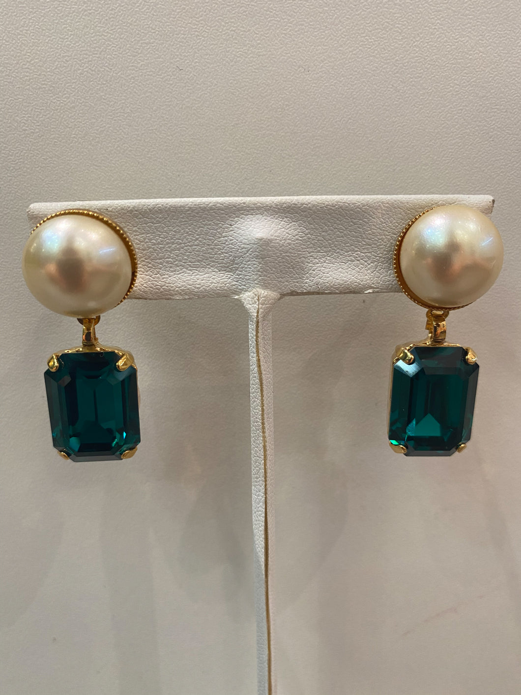 Harlequin Market Green Crystal Earrings with Faux Pearl-(Pierced Earrings)