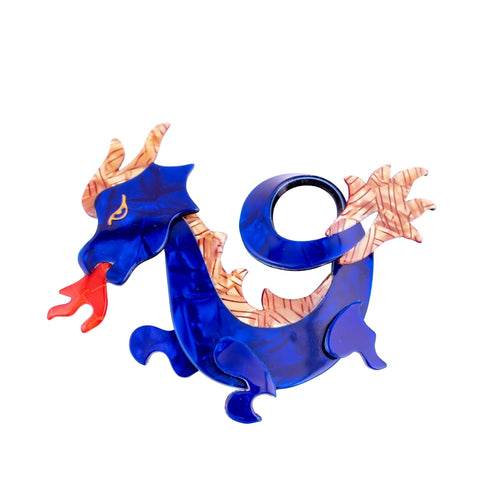 Lea Stein Signed Dragon Brooch Pin - Blue & Beige
