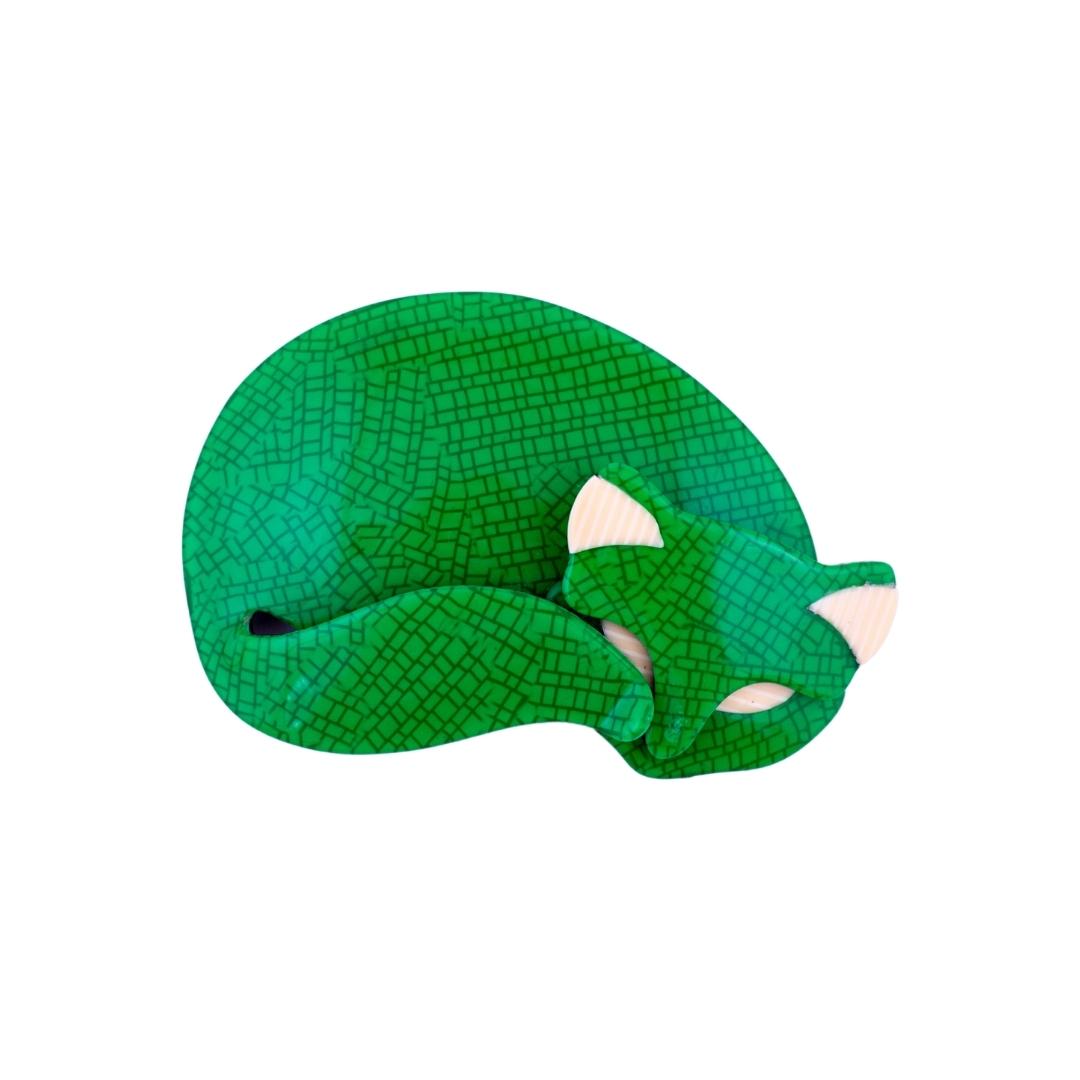 Lea Stein Sleeping Cat Brooch Pin - Green Square Print