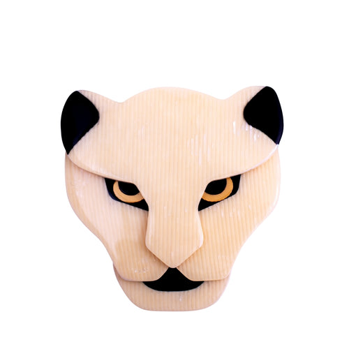 Signed Lea Stein Puma The Jaguar Head Brooch Pin - Creme & Black